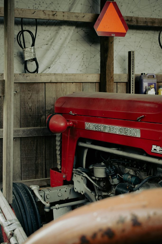 A close-up view of a vintage Massey Ferguson tractor inside a rustic wooden barn.